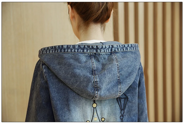 Новые печати с капюшоном джинсовая куртка пальто Демисезонный Для женщин девять