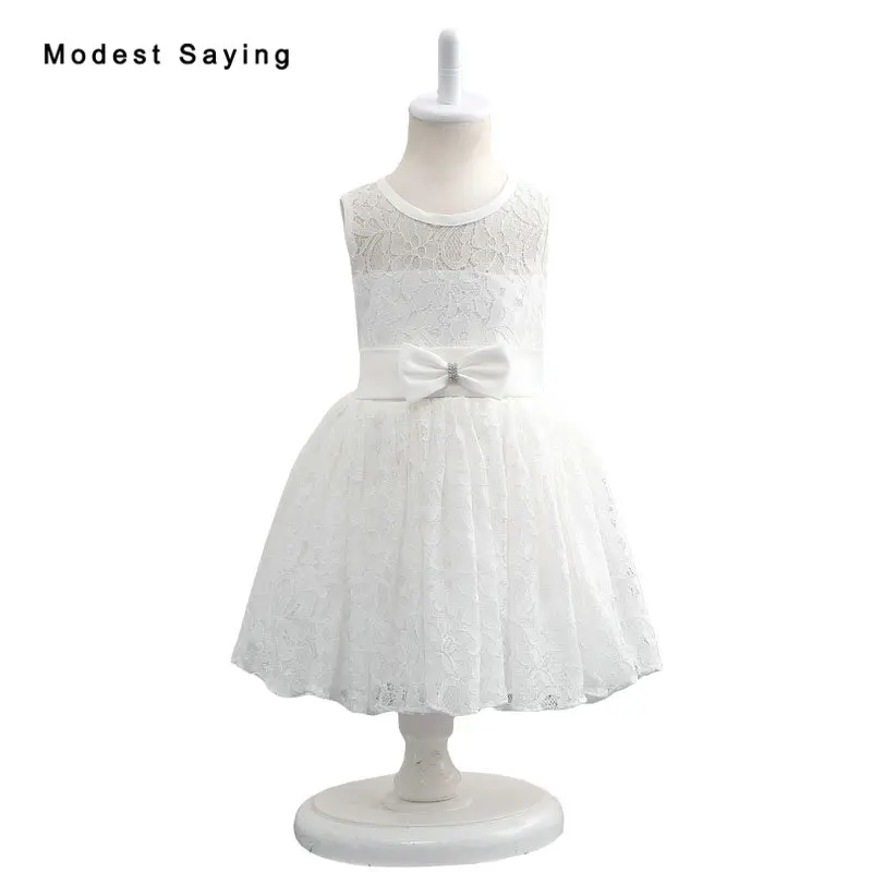 

2017 New Ivory Lace Flower Girl Dresses with Bow Knee-Length Wedding Pageant Gowns First Communion Dresses for Little Girls