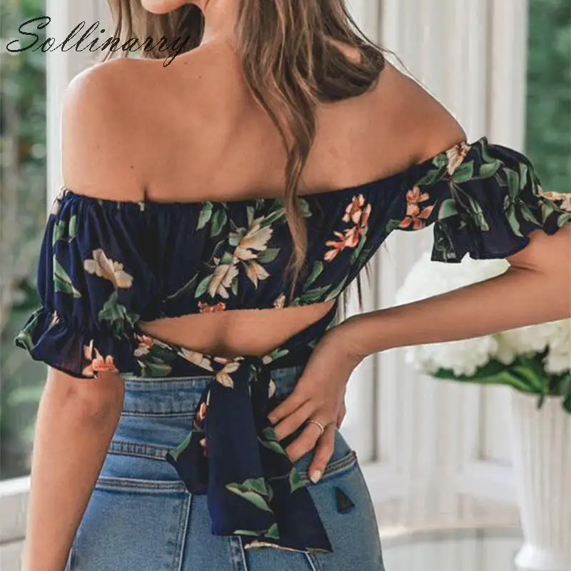 Sollinarry с открытыми плечами сексуальный топ и блузки для женщин Boho короткий рукав