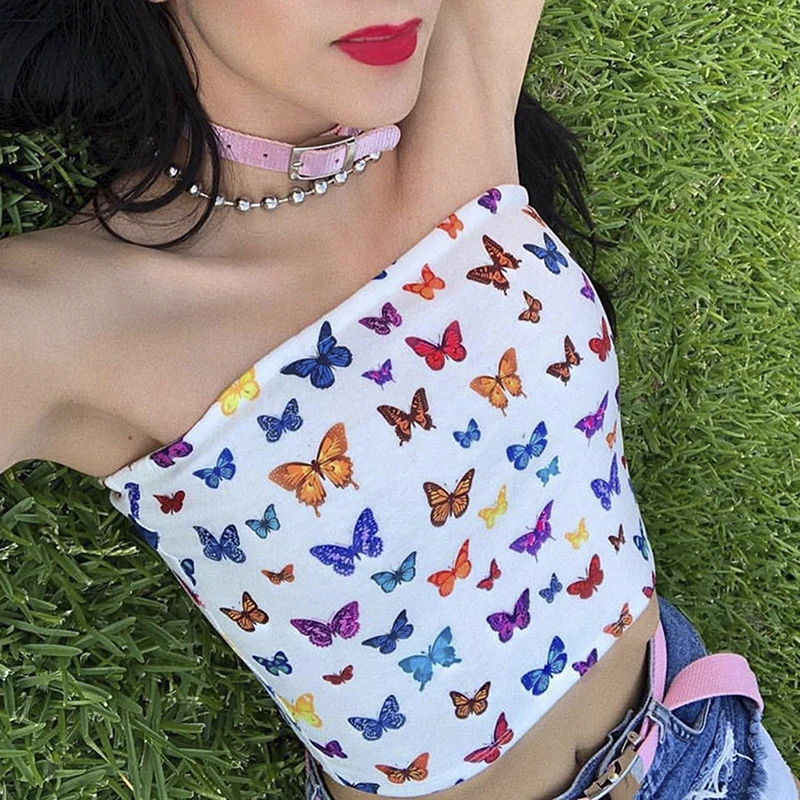 

Sexy Multicolor Butterfly Print Strapless Slash Neck Tube Tops Fashion Summer Women Slim Crop Tops Female Streetwear