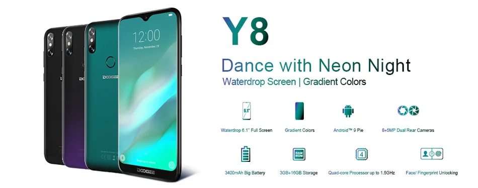 DOOGEE Y8 Android 9,0 MTK6739 четырехъядерный смартфон 6,1 дюймов FHD 19:9 8 Мп+ 8 Мп 3 Гб 16 Гб 3400 мАч 4G LTE мобильный телефон