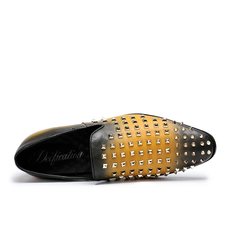 Deification Runway Moccasins Rivets Studded Mens Loafers Slip-On Casual Dress Male Flats Genuine Leather Italian Style Men Shoes | Обувь