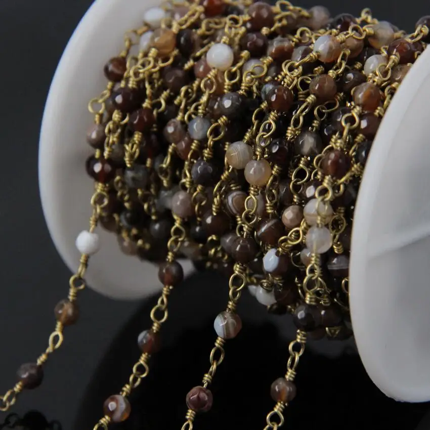 

5Meter Brown Ag ate Faceted Bead Chain,Wire Wrapped Brass Rosary Chain Necklace bracelet Jewelry Making,Ag ate cut Round beads
