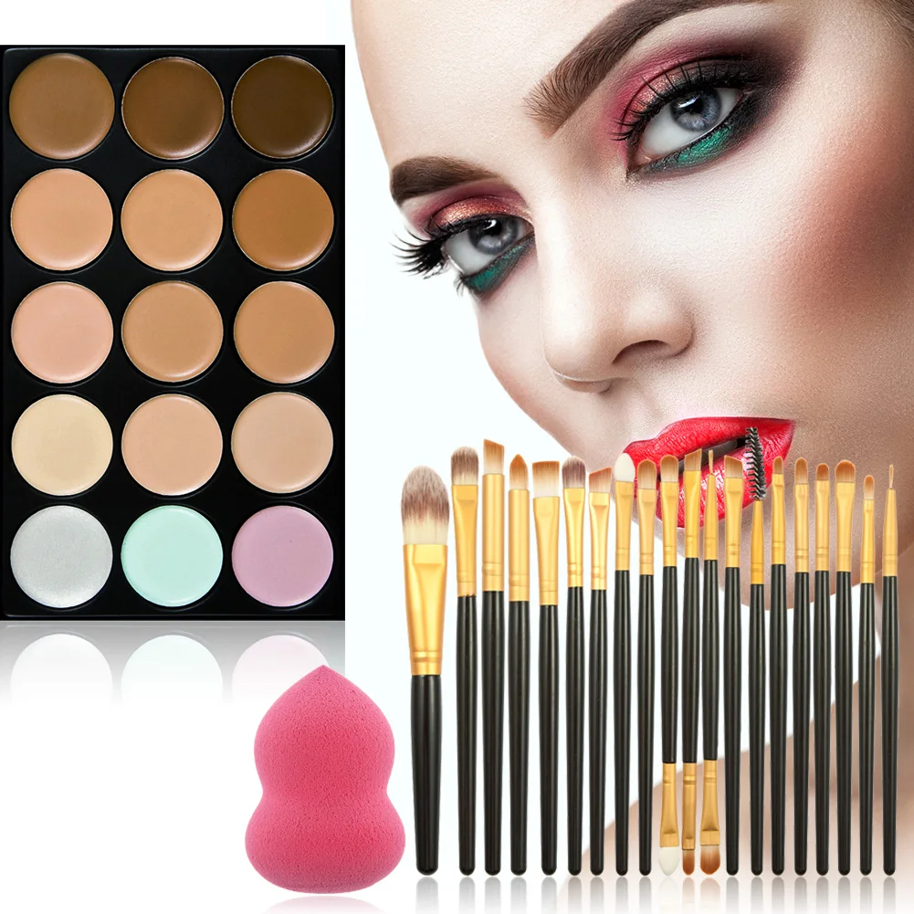 Black Gold Brush 15 цветов, макияж, пудра, крем, консилер, палитра+ 20 шт., косметическая основа, тени для век, румяна, кисти+ косметическая губка, кисть для пудры - Цвет: Black Gold Brush