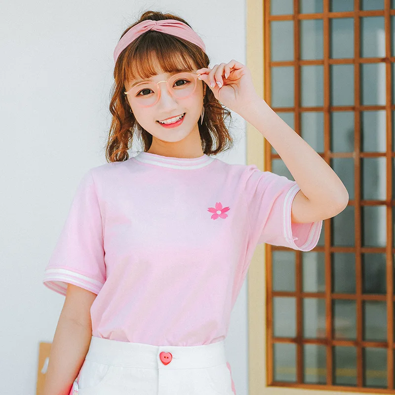 2020 ulzzang harajuku корейский стиль летний топ модные милые цветы вышивка Вишня мозаика