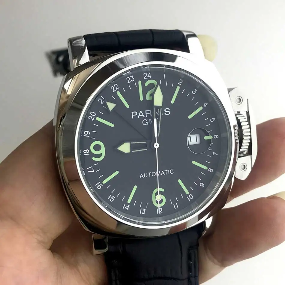 44 мм Parnis GMT механические часы с автоматическим механизмом 316L матовый нержавеющий светящиеся стрелки стальной Чехол кожаный браслет 950-1