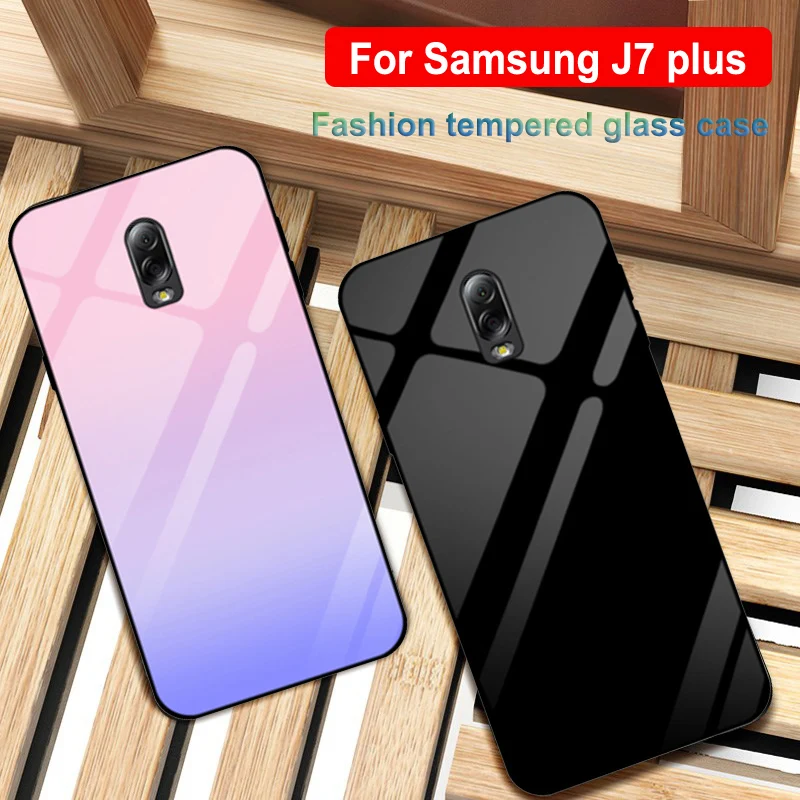 Для samsung galaxy J7+ J7 плюс Чехол сплошной цвет защита для телефона из закаленного стекла крышка J7plus J7310 для задней панели Чехол градиент стекло оболочки coque