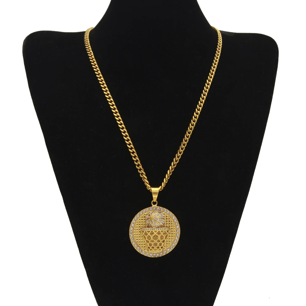 UWIN Gold Stainless Steel Basketball Rim Hoop Pendant Iced Out Rhinestone Ball Sport Necklace Men Hip Hop Fashion Jewelry | Украшения и