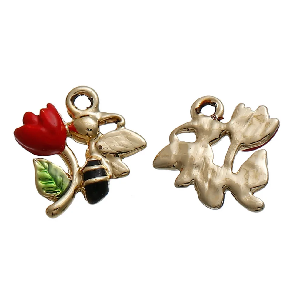 DoreenBeads цинковый сплав светильник золотистые Подвески красный и зеленый цветок пчела эмаль DIY компоненты 18 мм(6/") x 16 мм(5/8"), 5 шт