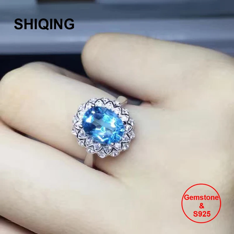 

SHIQING Real 100% gemstone blue topza rings, big stone stacking multi petals flower silver rings for women