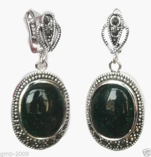 Fashion 925 Sterling Silver Natural Green Sand Stone Marcasite Dangle Earrings | Украшения и аксессуары