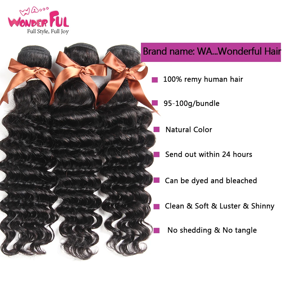 Глубокие волнистые пучки с закрытием человеческих волос Плетение индийские 3/4