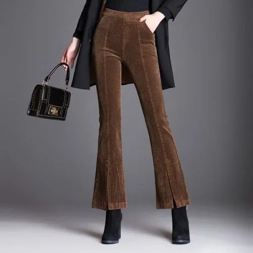 Caramel color Осень-зима Повседневное вельветовые брюки-клеш Штаны Для женщин эластичные Высокая Талия однотонные Цвета лодыжки-Длина брюки размера плюс 5XL впитывает пот и Штаны - Цвет: Caramel color