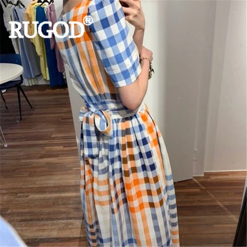RUGOD женское клетчатое длинное платье с v-образным вырезом и пышным рукавом, Имперское Плиссированное Платье на шнуровке с бантом, Новое поступление, шикарное женское модное корейское платье