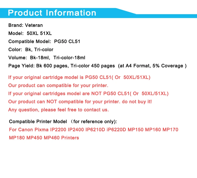 Veteran PG50 CL51 Ink Cartridge Replacement for Canon PG 50 CL 51 PG-50 Pixma MP450 MP460 MX300 MX310 iP2200 iP6210D iP6220 | Компьютеры и