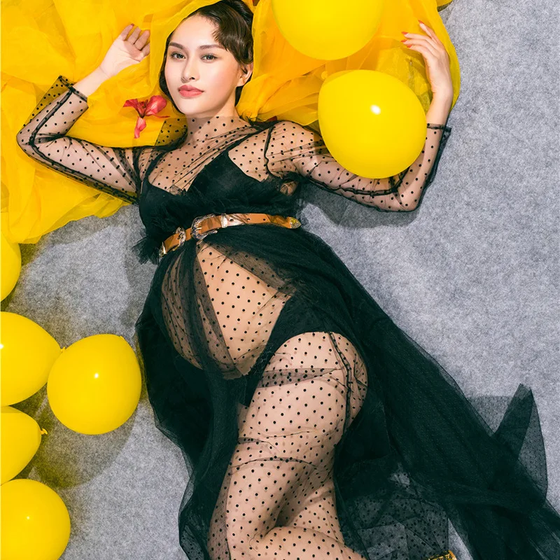 Беременность фото Shoot кружевное платье материнства с длинным рукавом Фотографии