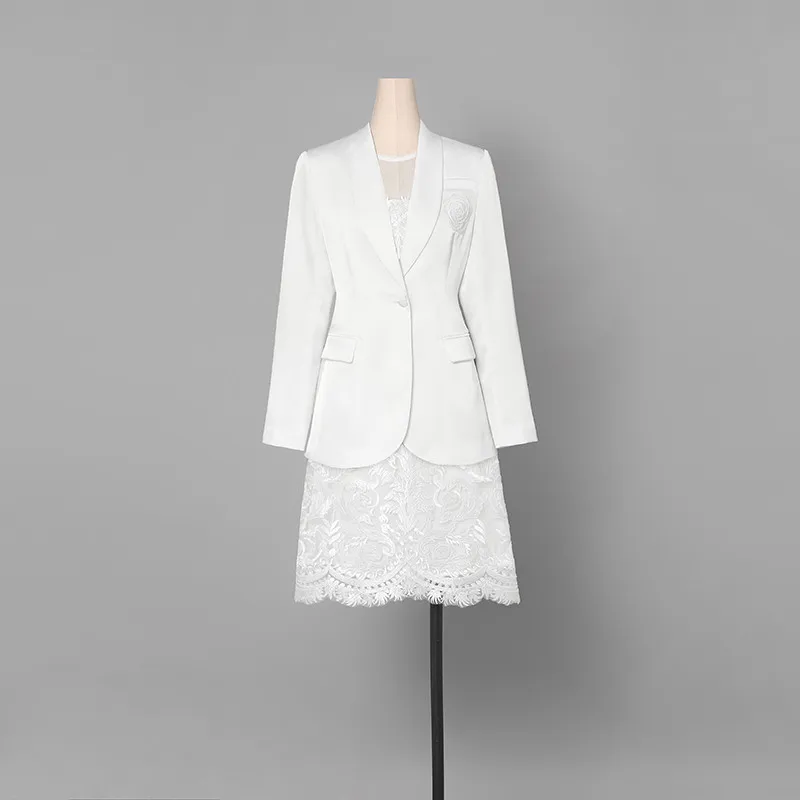 Runway Dress Suits Women Luxury Elegant High Quality Blazer Suit Jacket Tops + Lace Dress Office Ladies Formal Work 2 Piece Suit