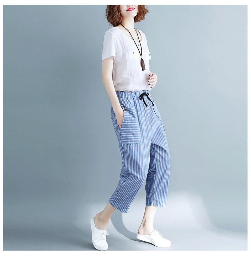 BJY 2019 new women's summer striped color matching nine pants casual loose fashion high waist elastic band XL harem | Женская одежда
