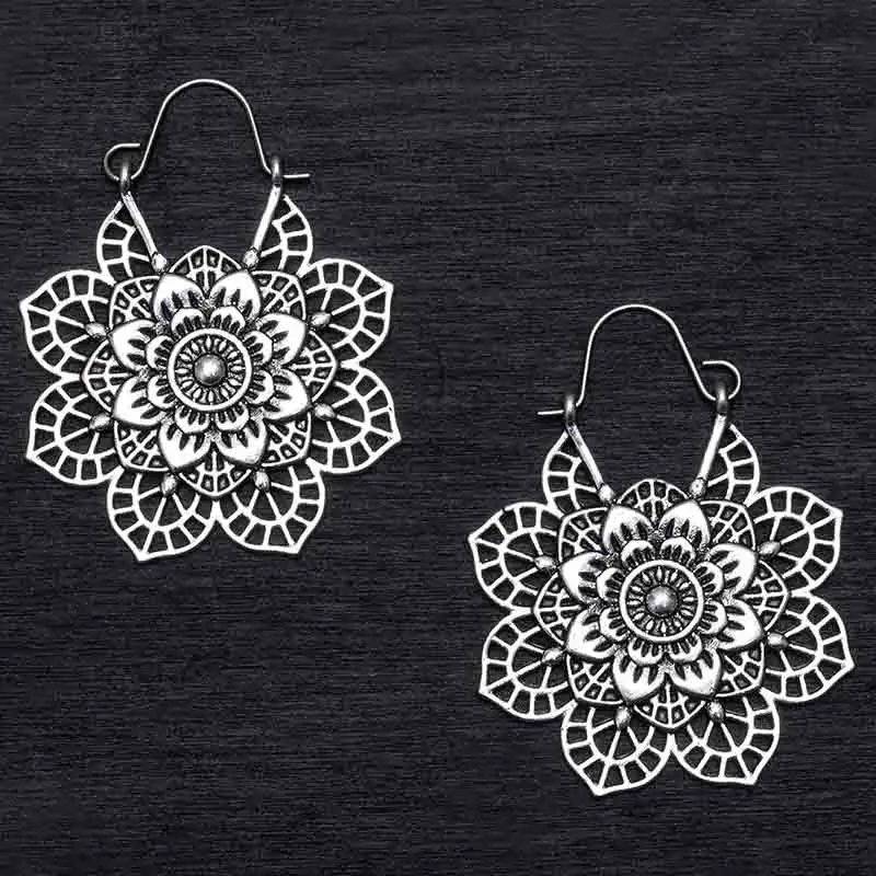Antique Silver Индийские племенные латунные серьги, висячие серьги в форме цветка, украшенные вихрем «цыганские» серьги для женщин, богемные Винтажные серьги EAR00C000B01B - Окраска металла: Antique Silver