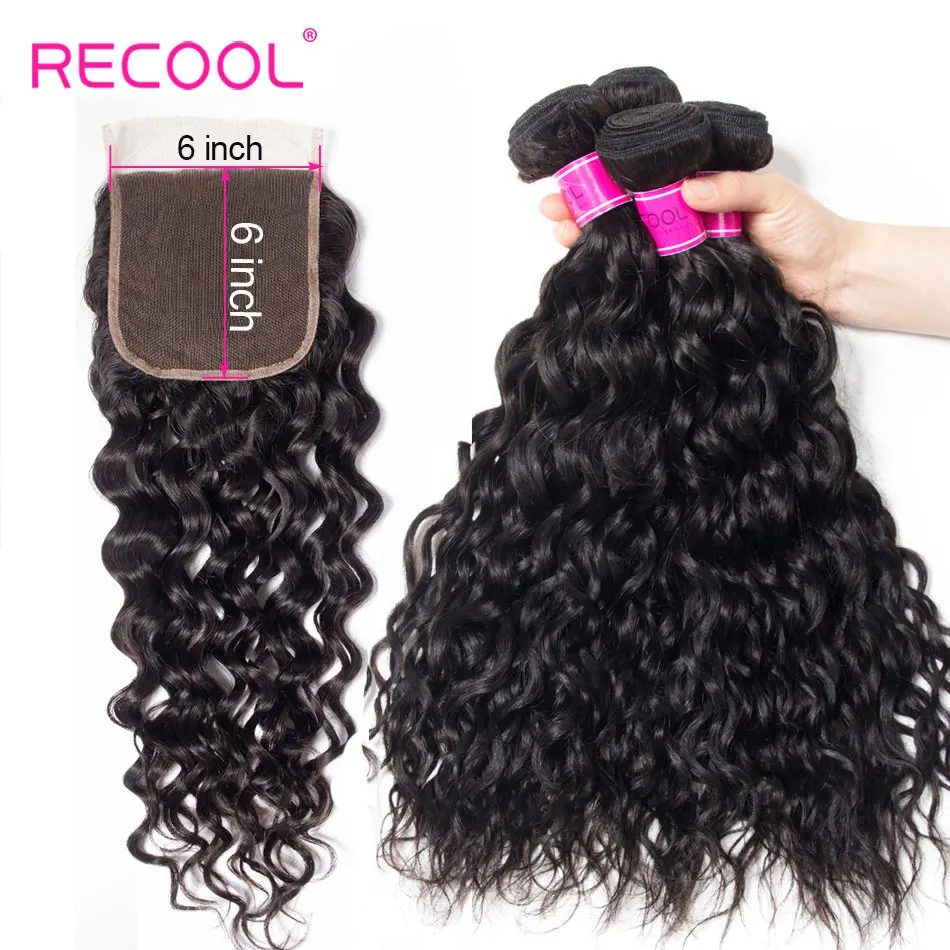 Recool волнистые пучки с закрытием Remy человеческие волосы 6х6 кружевное закрытие