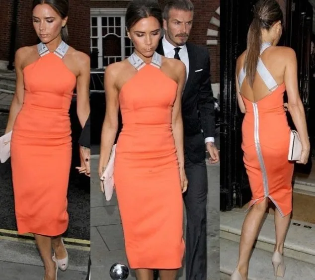 Free Shipping Celebrity Victoria Knee-Length Sleeveless Orange&ampWhite Bodycon Dress Women Party Dresses New Fashion 2014 | Женская
