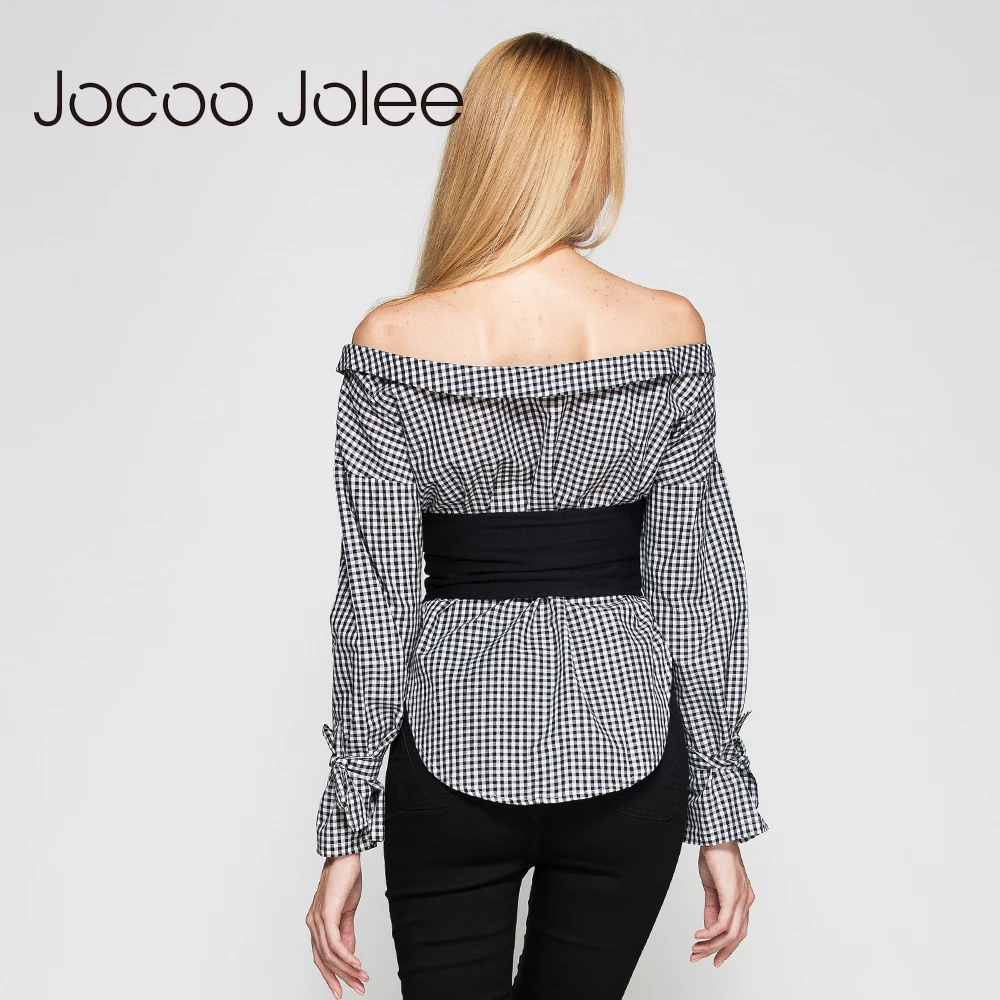 Jocoo Jolee Off Shoulder Plaid Blouse with Sashes - Women's Lantern Bow Sleeve Loose Streetwear Shirt Autumn Casual New Arrivals image 5
