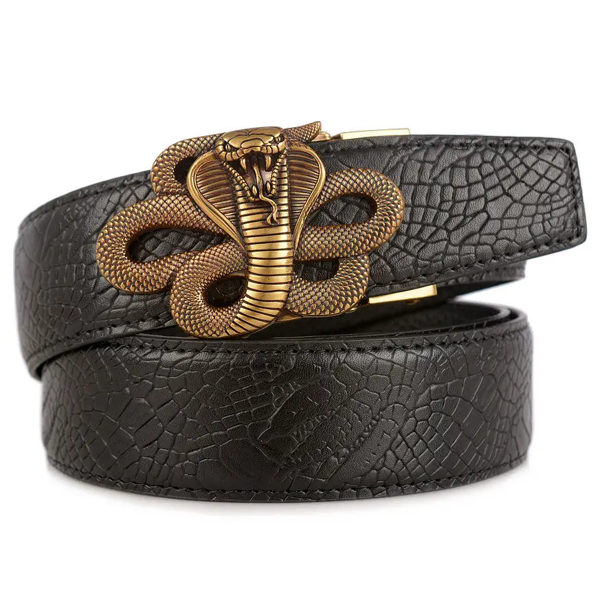 black gold buckle Стиль, мужские ремни из натуральной кожи высокого качества, мужские ремни, ремень, Мужской Ретро Кобра, автоматический ремень с пряжкой для мужчин - Цвет: black gold buckle