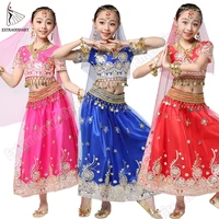 girls bollywood dance costume set kids belly dance indian sari children chiffon outfit halloween top belt skirt veil headpiece