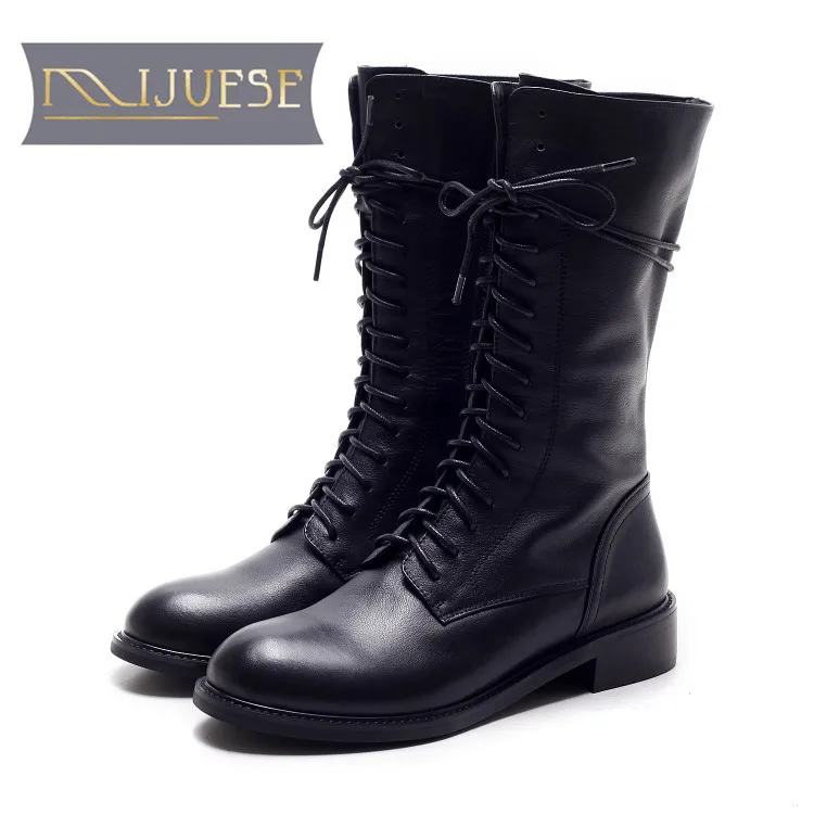 MLJUESE/2018 женские сапоги до середины икры из коровьей кожи на шнуровке и молнии с