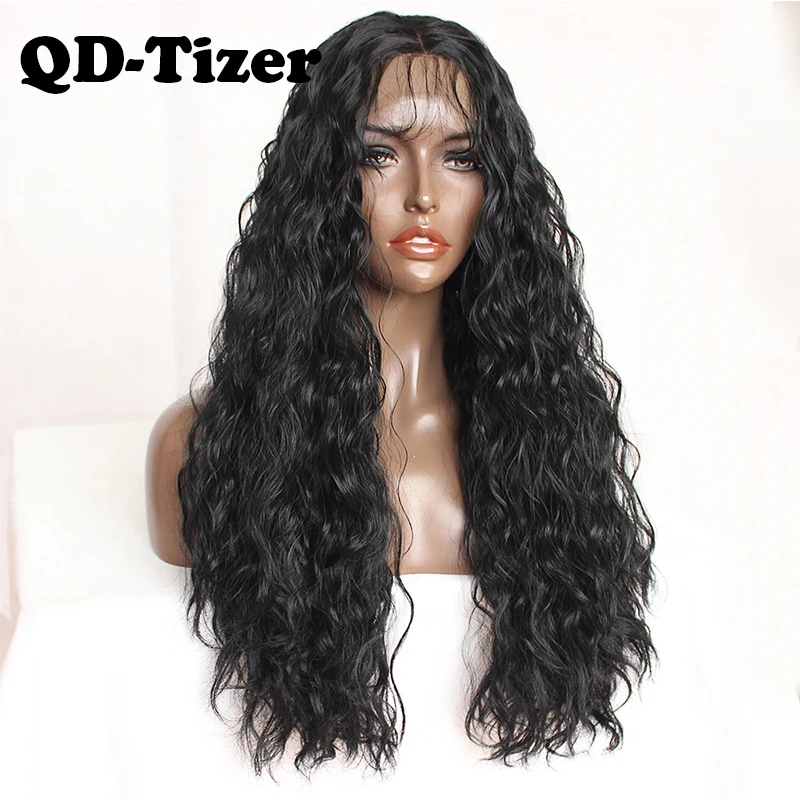 QD Tizer черный парик свободный кудрявый фронта шнурка бесклеевой с волосами
