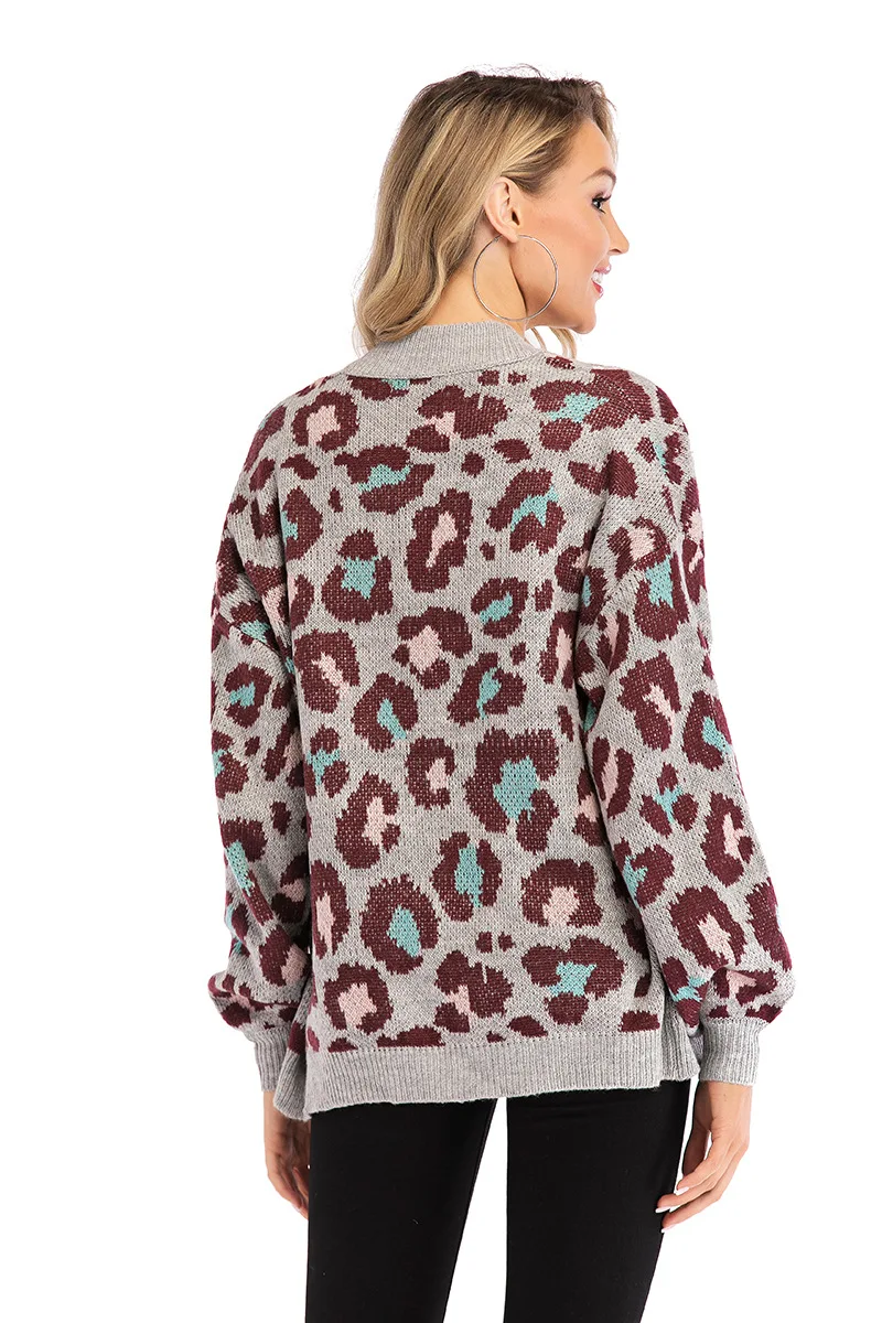 

New arrival women leopard cardigan long sleeve sweater loose shawl jumper womens casual knitted tops clothes sueter feminino