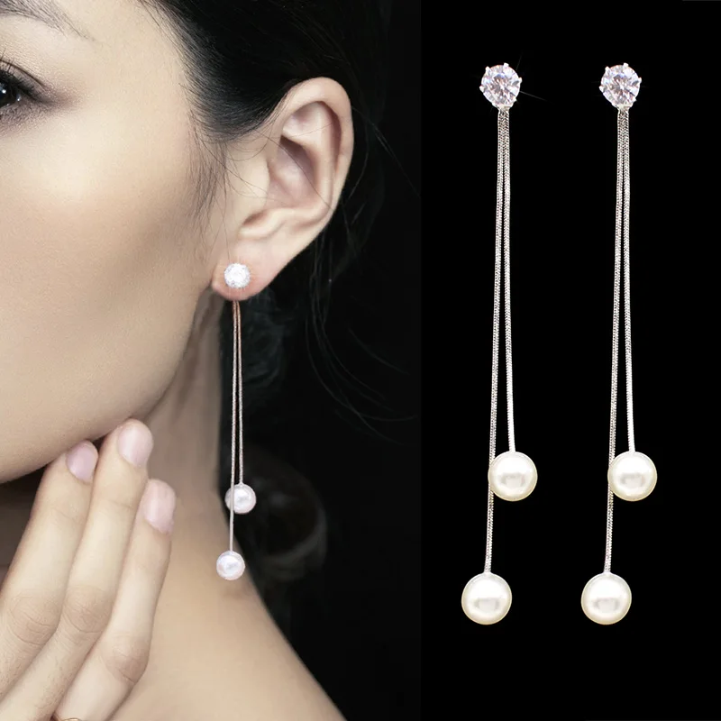 silver Модные серьги-капли с длинной кисточкой и искусственным жемчугом для женщин и девушек, стразы, изысканная цепочка в виде змеи, серьги с подвеской, Brincos Bijoux - Окраска металла: silver