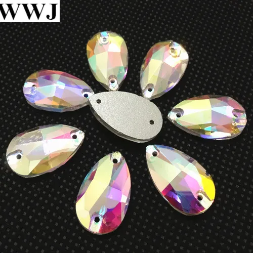 Стеклянные каплевидные пришивные камни всех размеров с 2 отверстиями прозрачные
