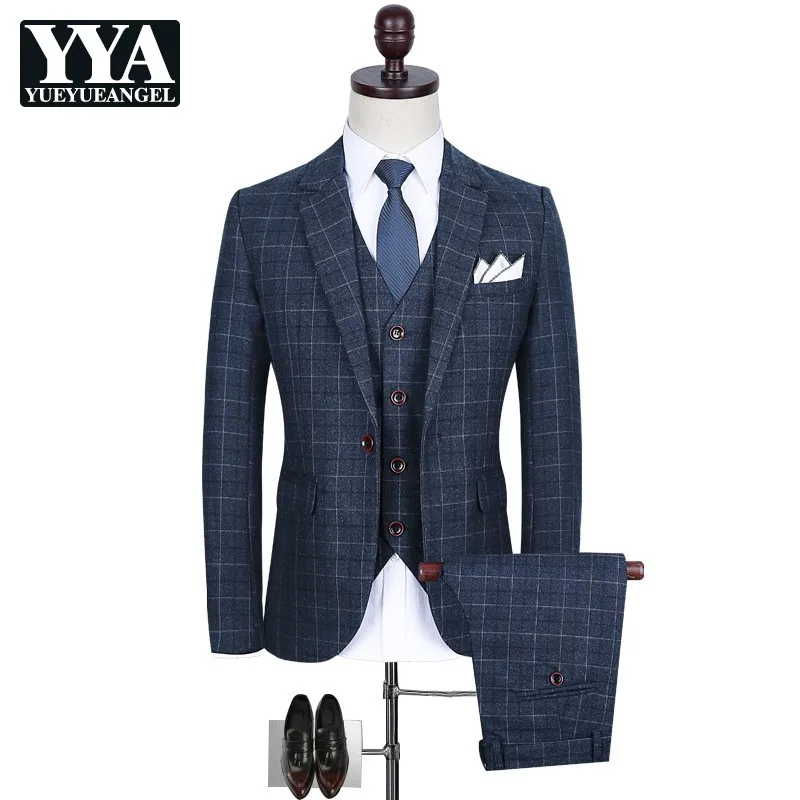 

High Quality Mens Suits Designers 2021 Slim Fit Plaid Business Blazer Formal Costume Homme 3 Pieces Wedding Dress Suit Plus Size