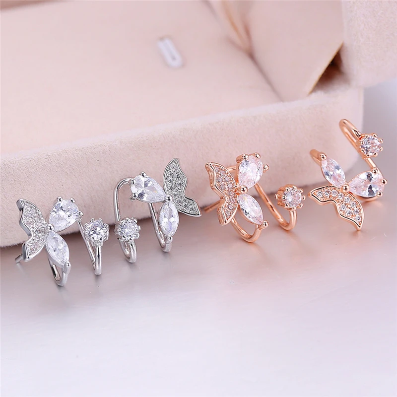 

KOFSAC New Exquisite CZ Silver/Rose Gold Butterfly Ear Earring Piercing Ear Cuff S925 Earrings For Women Girls Brincos