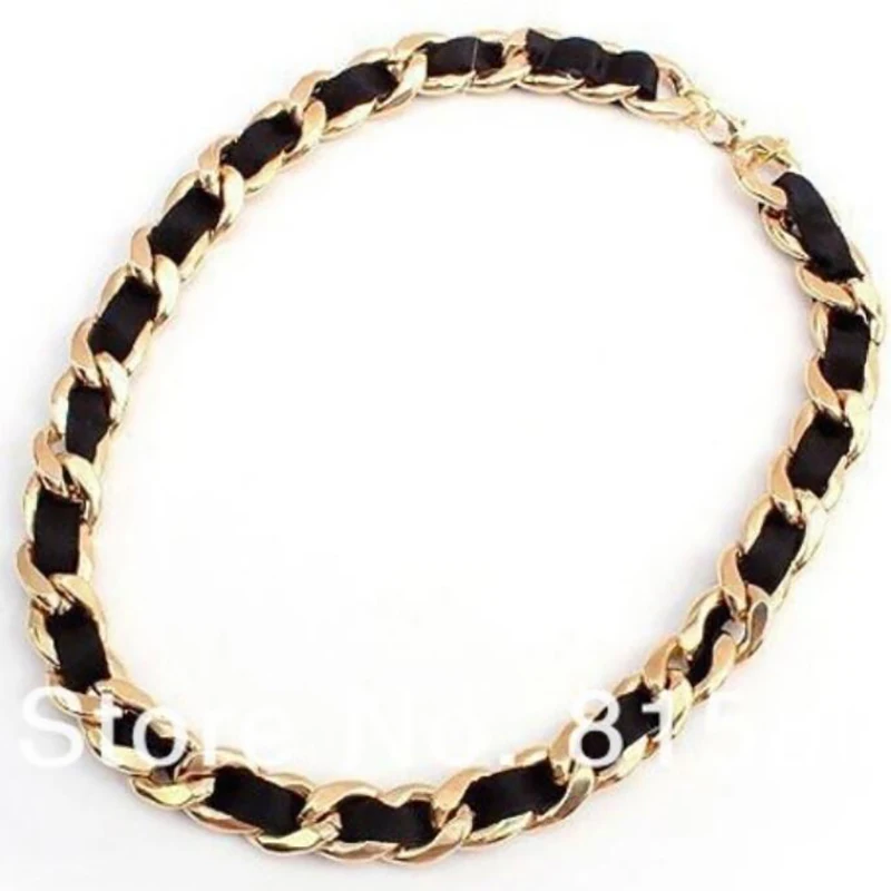 

Trendy Jewelry Thick Gold Chain Leather Cord Weave Chunky Necklace for Women