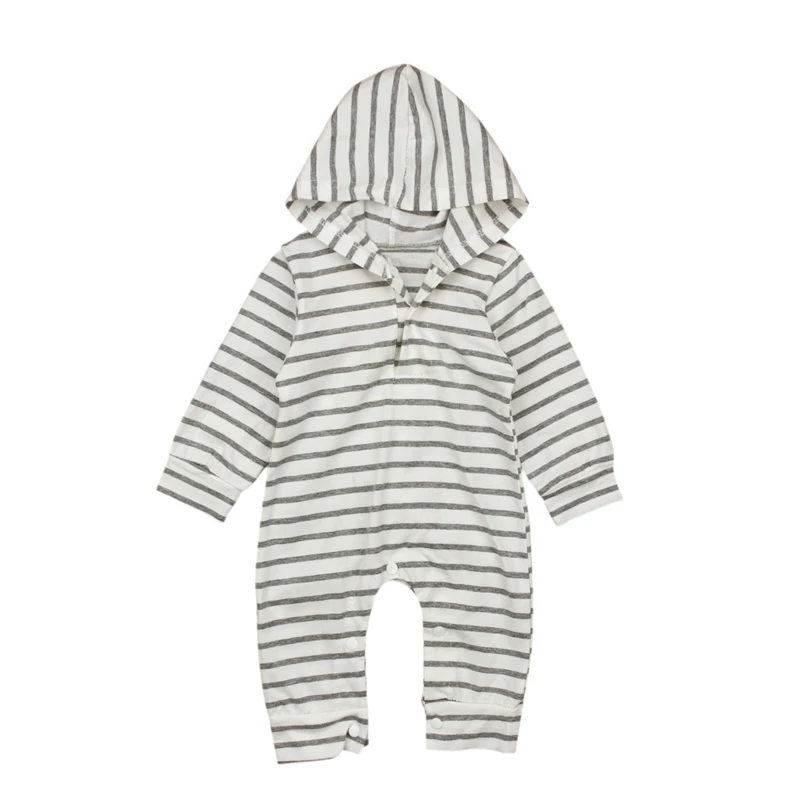 Gray Color Newborn Baby Boy Girls Clothes Long Sleeve Striped Hooded Romper Jumpsuit Outfits Playsuit | Детская одежда и обувь