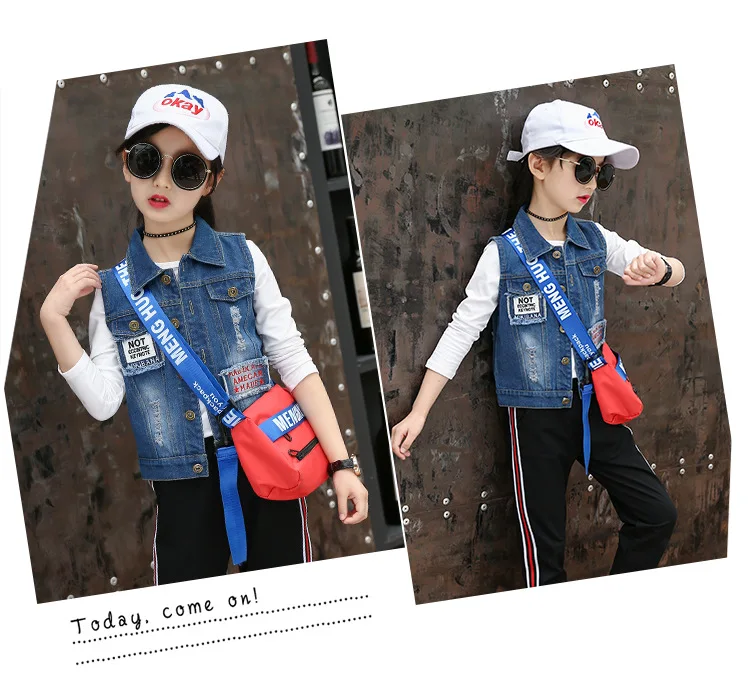 Girls Casual Cartoon Denim Vests Waistcoats Autumn Children Printed Fashion Vest Girl Jeans Outdoor Waistcoat