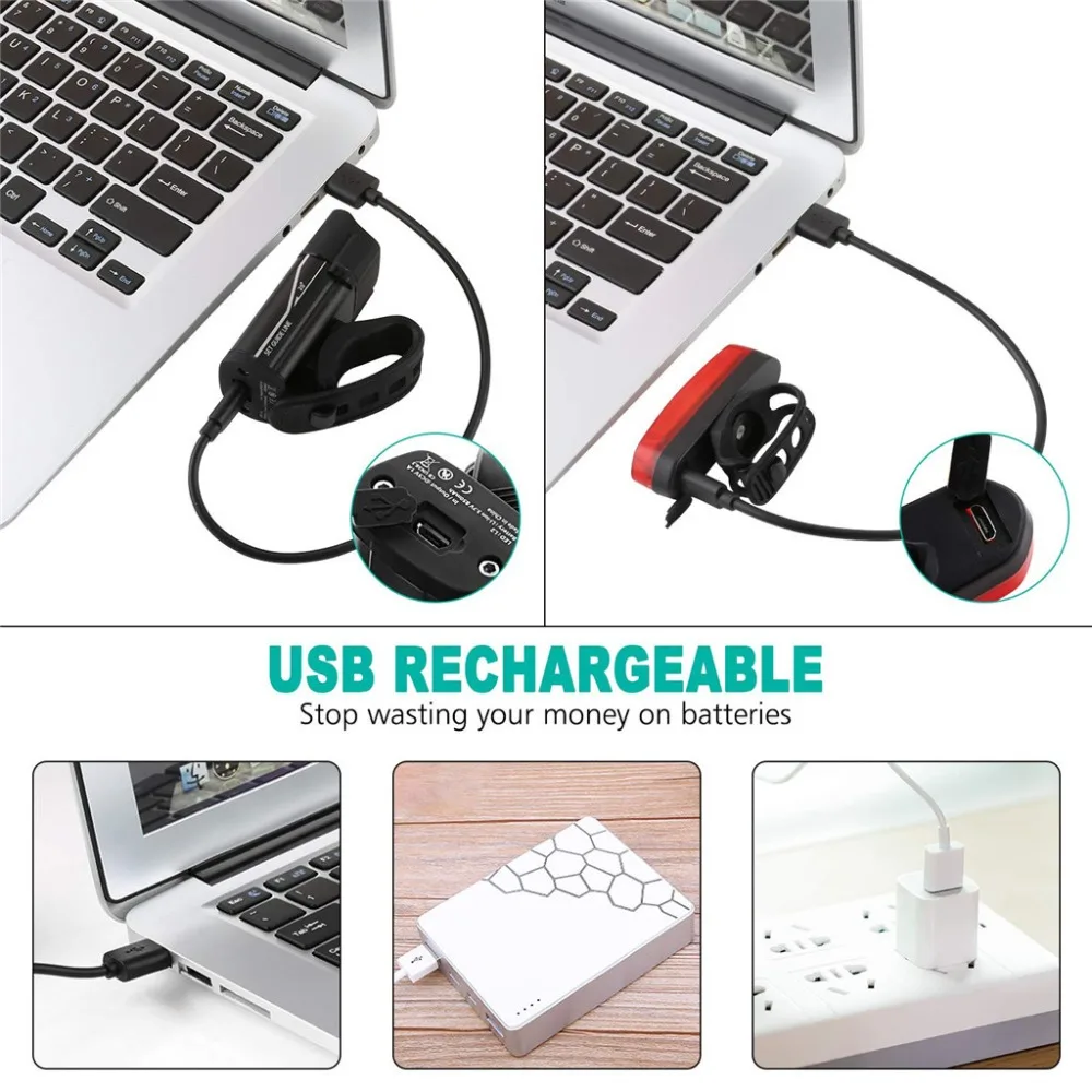 Велосипедная лампа с USB зарядкой комплект водонепроницаемых велосипедных фар
