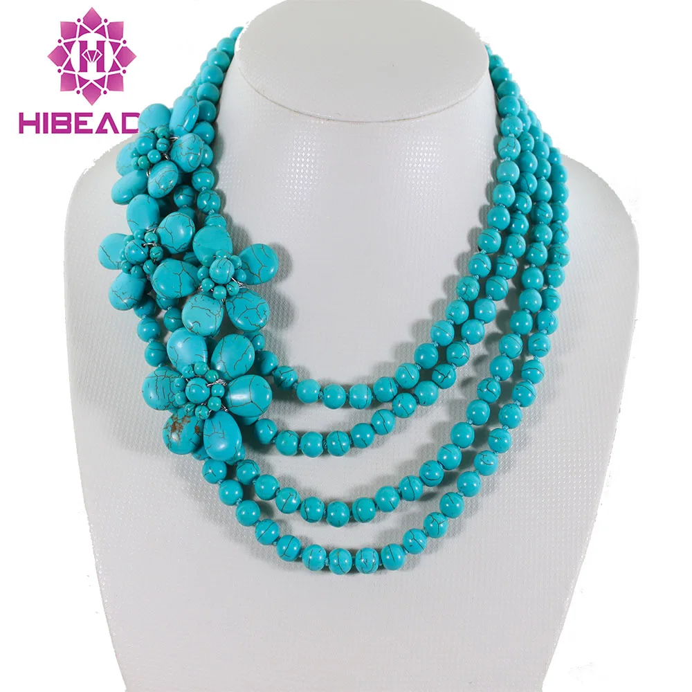 Великолепные 4 ряда бусины из синего камня ожерелье с каменным цветком модные
