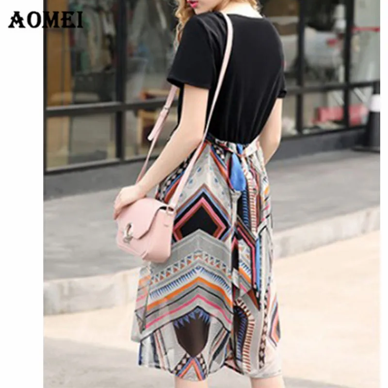 Летнее лоскутное платье для женщин с принтом Sukienka шифон однотонная ткань Boho