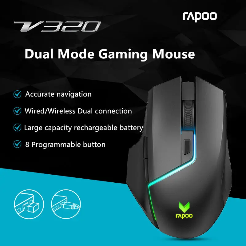 Rapoo V320 PMW3325, Двухрежимная игровая мышь, проводная и беспроводная, 5000 dpi, 8 кнопок, PUBG, компьютерная мышь, Мыши для ПК, ноутбука, геймера
