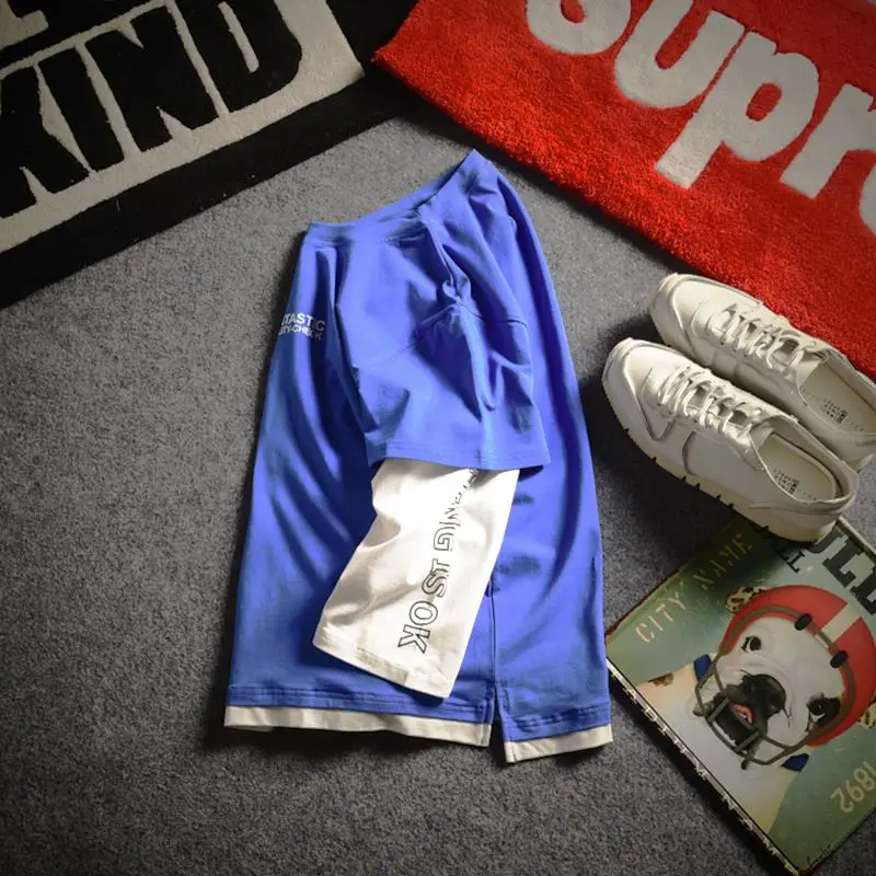 Новинка 2017 одежда для подростков модная Лоскутная футболка из двух частей с