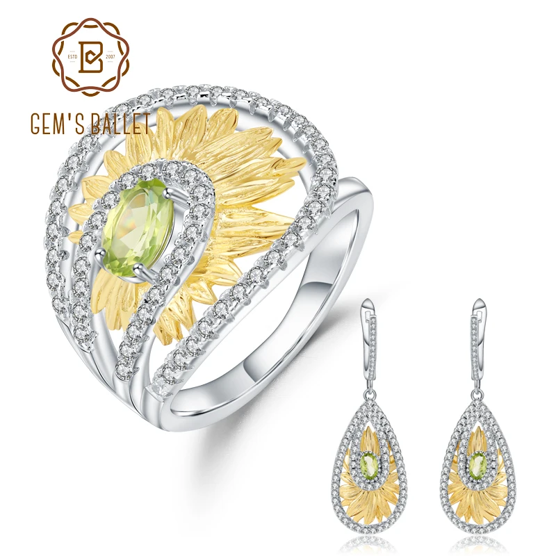 

GEM'S BALLET 1.89Ct Natural Peridot Gemstone Sunflower Jewelry Set Original 925 Sterling Silver Ring Earrings Sets For Women