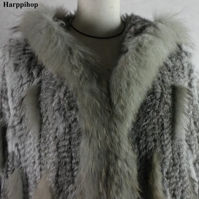 HARPPIHOP мех женское вязаное пальто из натурального кроличьего меха/куртка/верхняя одежда с капюшоном женский длинный пояс с кисточками