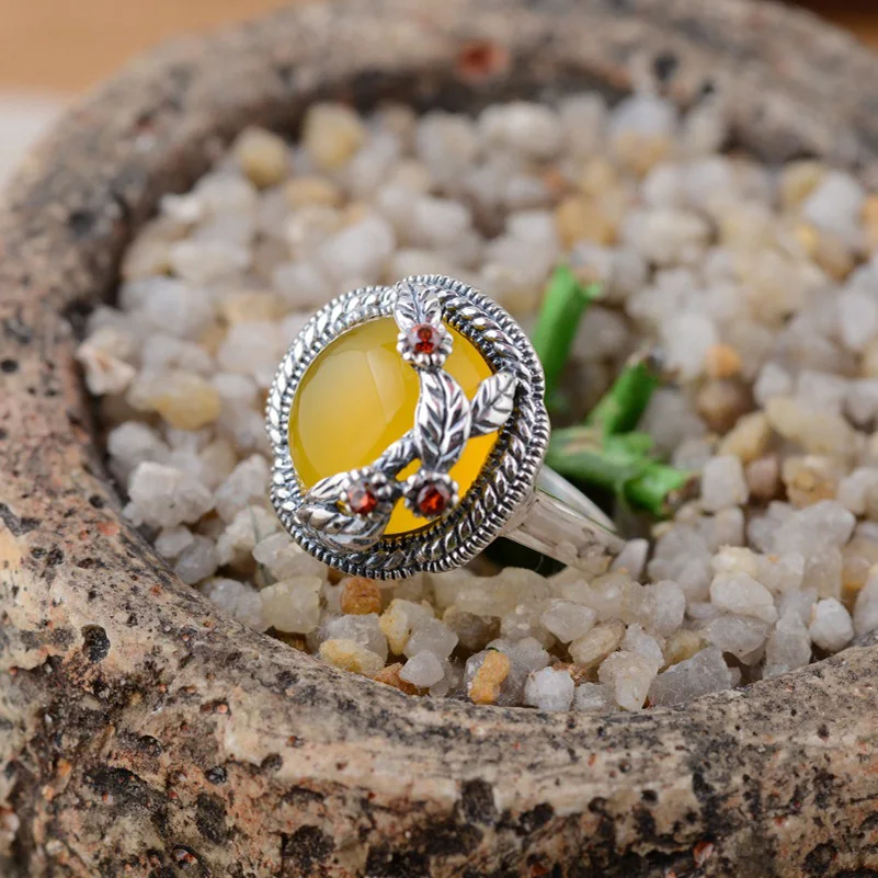 FNJ Природный желтый халцедон кольцо 925 пробы серебро Винтаж anillos S925 тайский Серебряные кольца для Для женщин ювелирные изделия Регулируемая Размеры