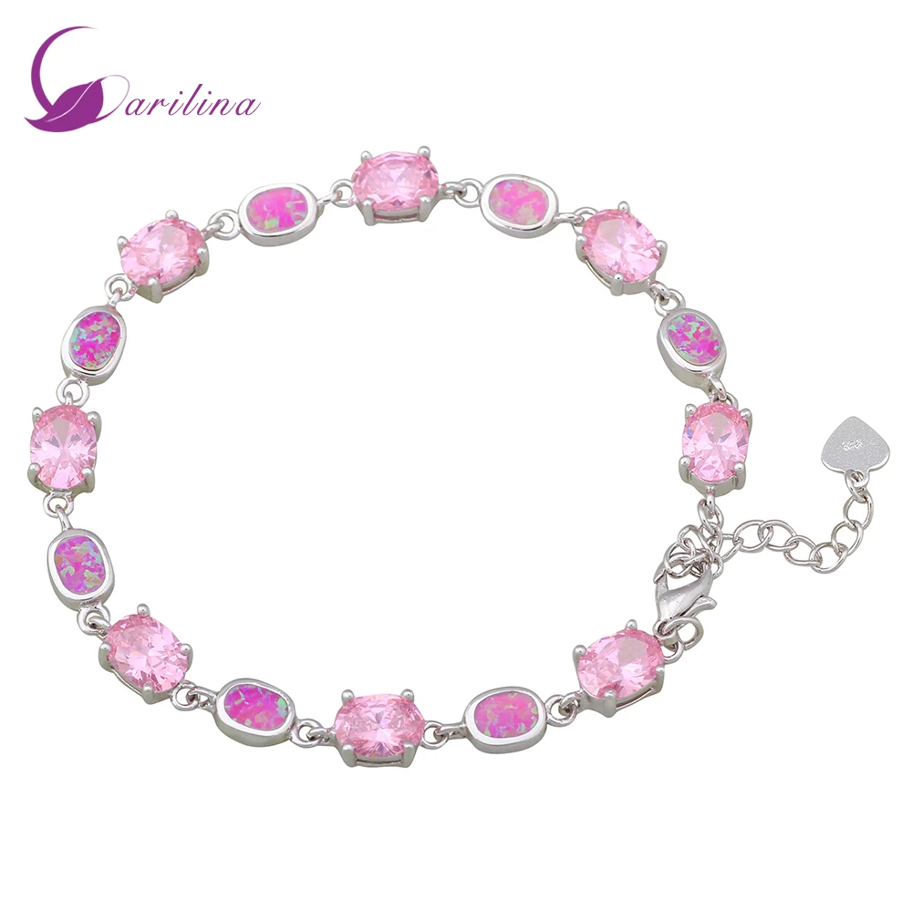 

Silver Color Pink Zircon Pink Fire Opal Bracelets & Bangles For Teen Girls Pulseiras Femininas Women's Fashion 2021 B196
