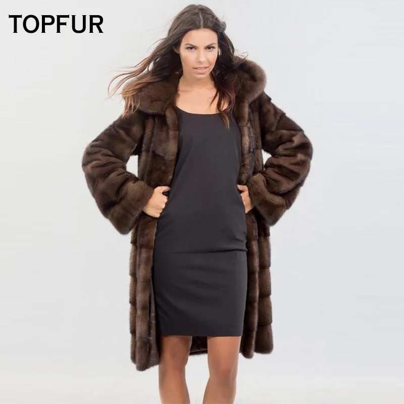 Новое поступление 2019 пальто TOPFUR из натуральной норки с большим капюшоном тонкая