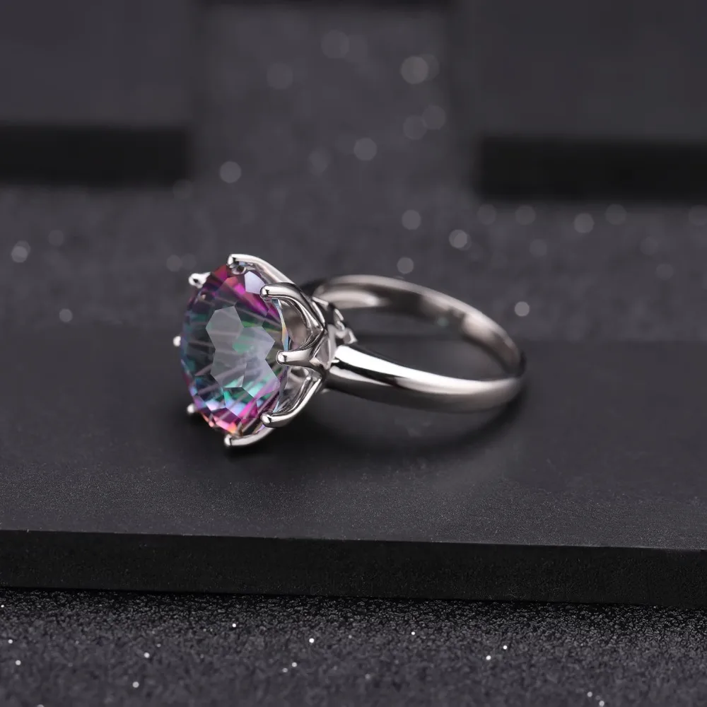 GEM'S балетное классическое круглое красочное кольцо, кольцо из натурального радужного мистического кварца, 925 пробы Серебряное ювелирное изделие для женщин