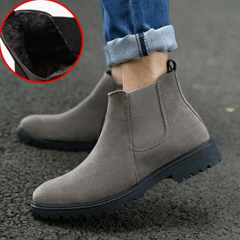 Gray With Fur GNOME/замшевые ботинки «Челси»; Мужская модная обувь длиной до щиколотки; мужские уличные ботинки из флока; Швейные Винтажные ботинки; Ayakkabi - Цвет: Gray With Fur
